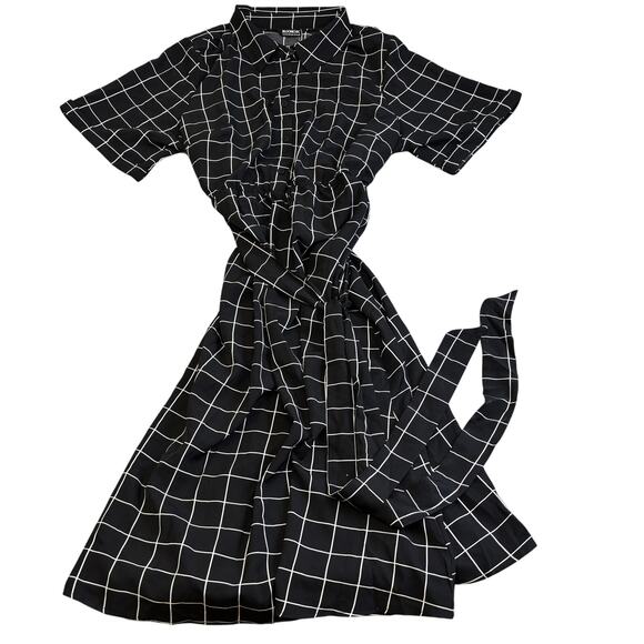 Bloomchic Dress Womens 14-16 Black White Plaid Belted Shirt Collar Cuffed Sleeve - Picture 1 of 7
